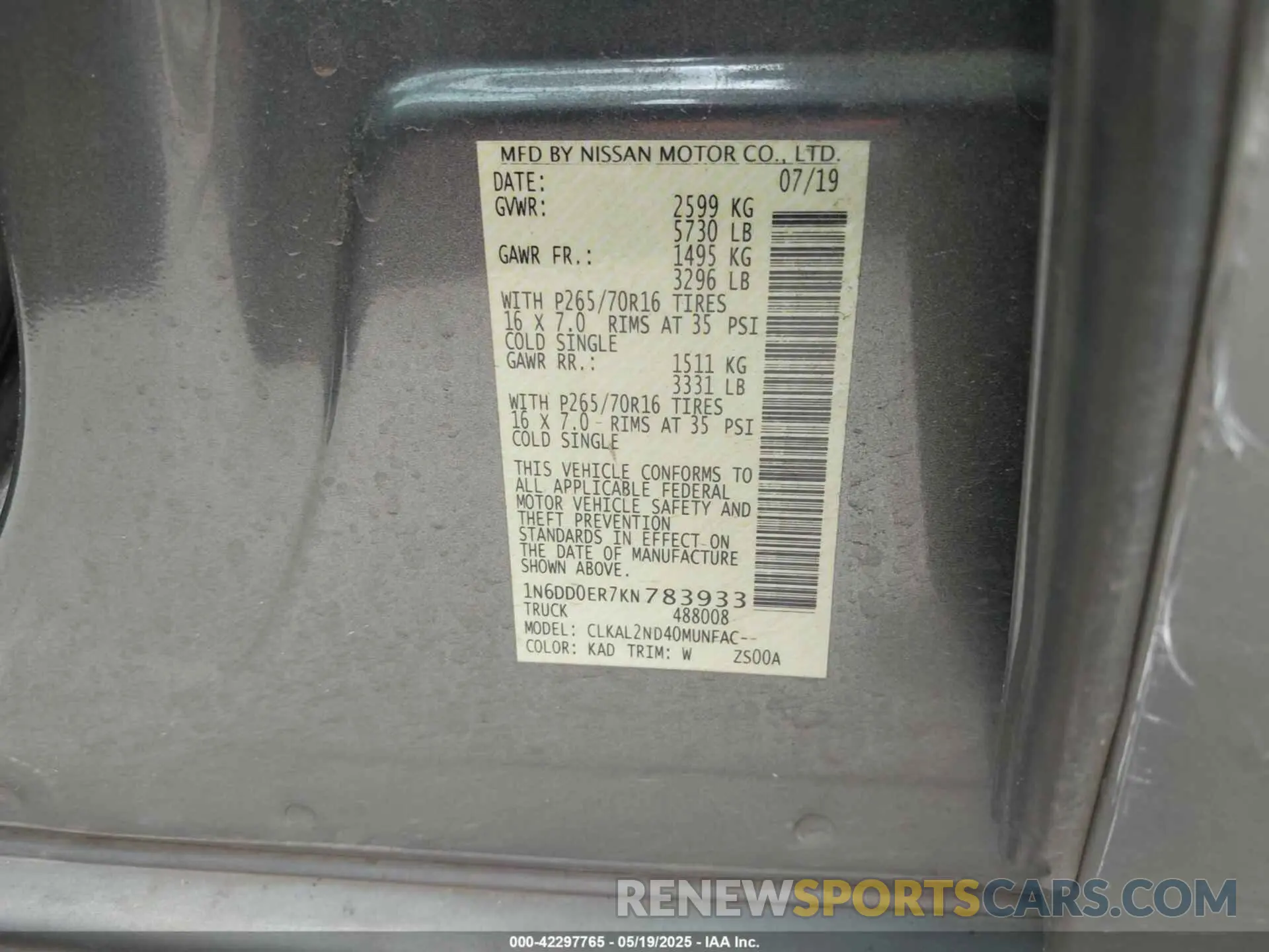 9 Photograph of a damaged car 1N6DD0ER7KN783933 NISSAN FRONTIER 2019