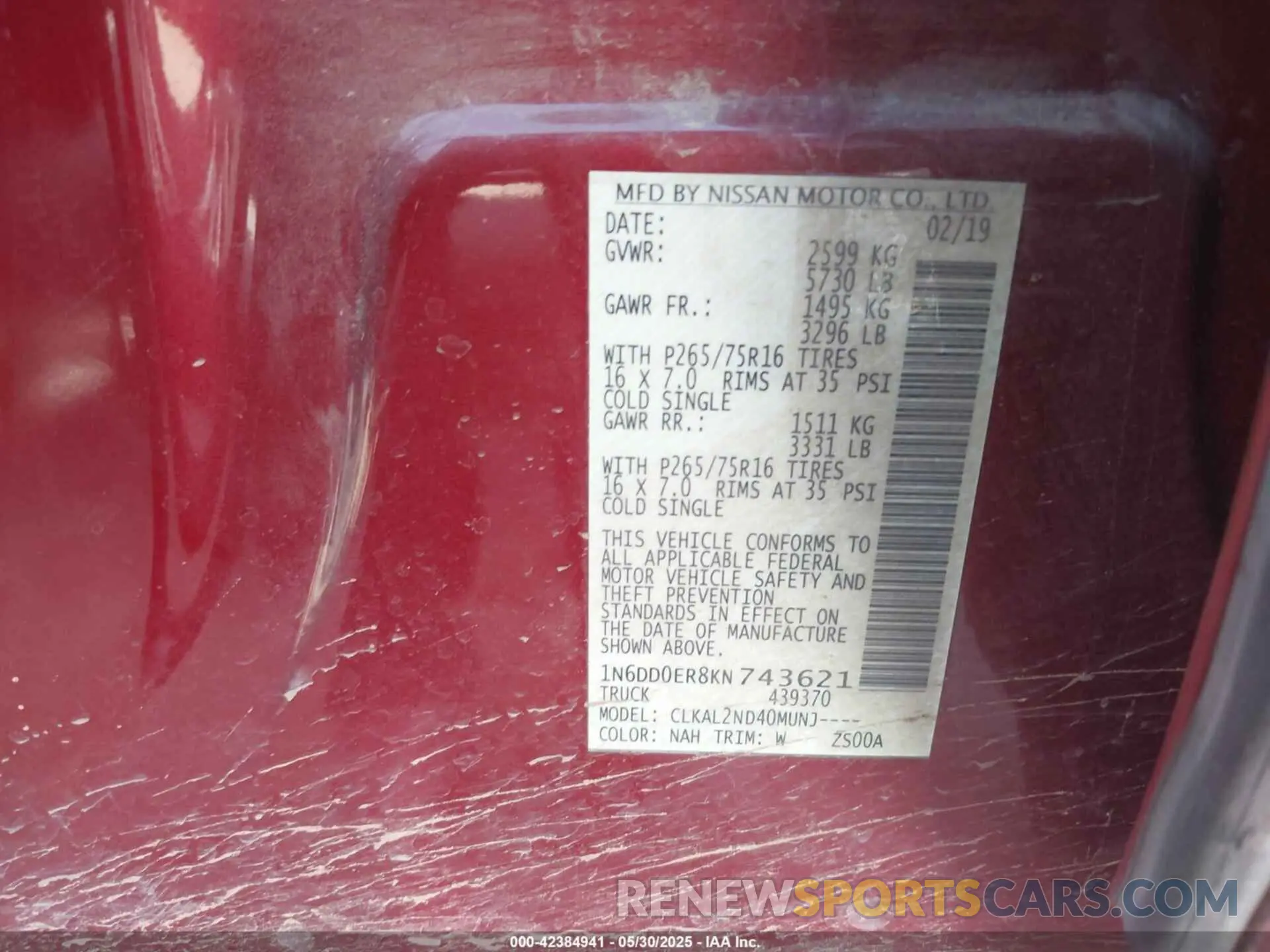 9 Photograph of a damaged car 1N6DD0ER8KN743621 NISSAN FRONTIER 2019