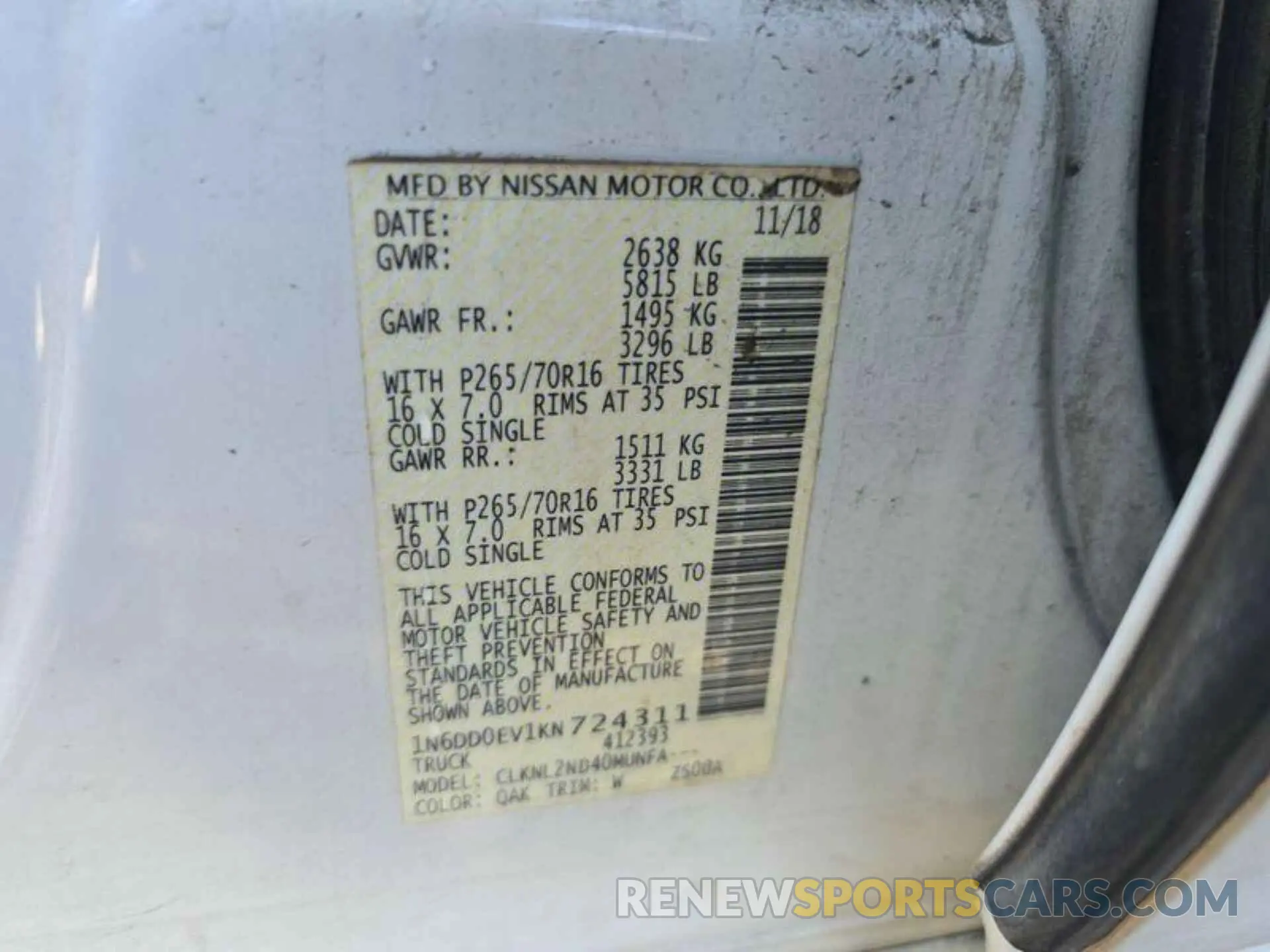16 Photograph of a damaged car 1N6DD0EV1KN724311 NISSAN FRONTIER 2019