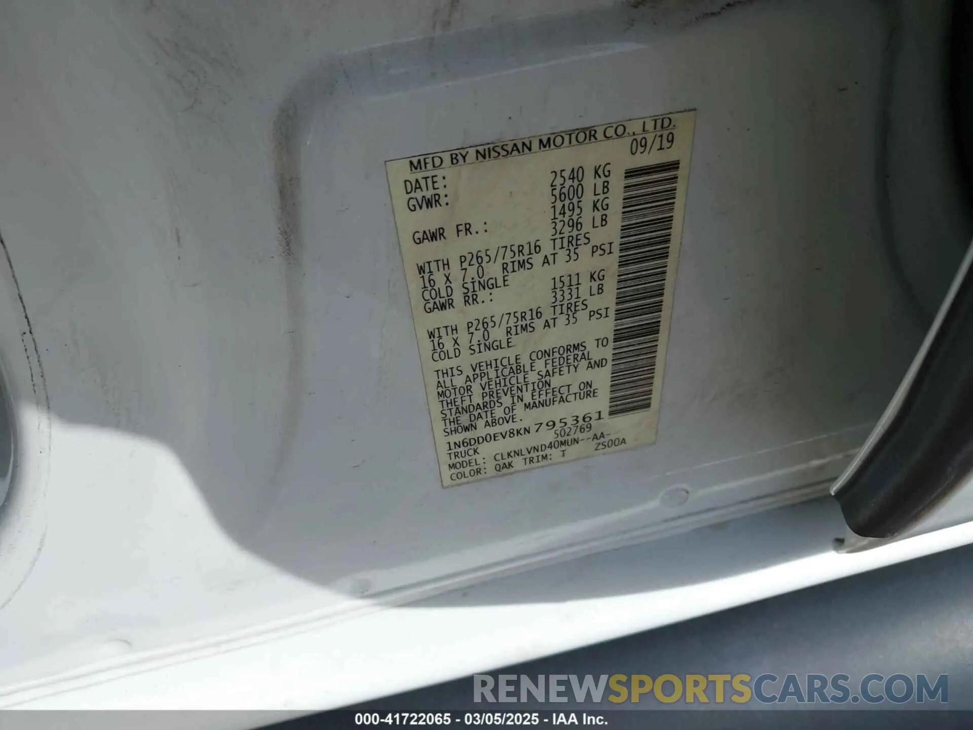 9 Photograph of a damaged car 1N6DD0EV8KN795361 NISSAN FRONTIER 2019
