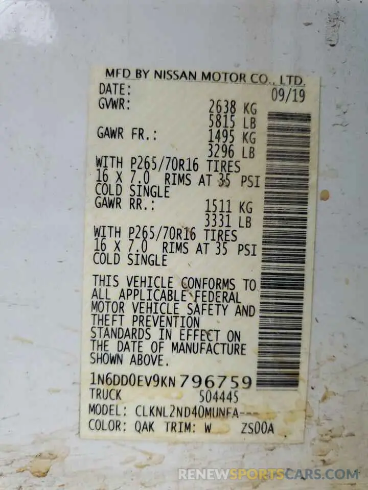 13 Photograph of a damaged car 1N6DD0EV9KN796759 NISSAN FRONTIER 2019