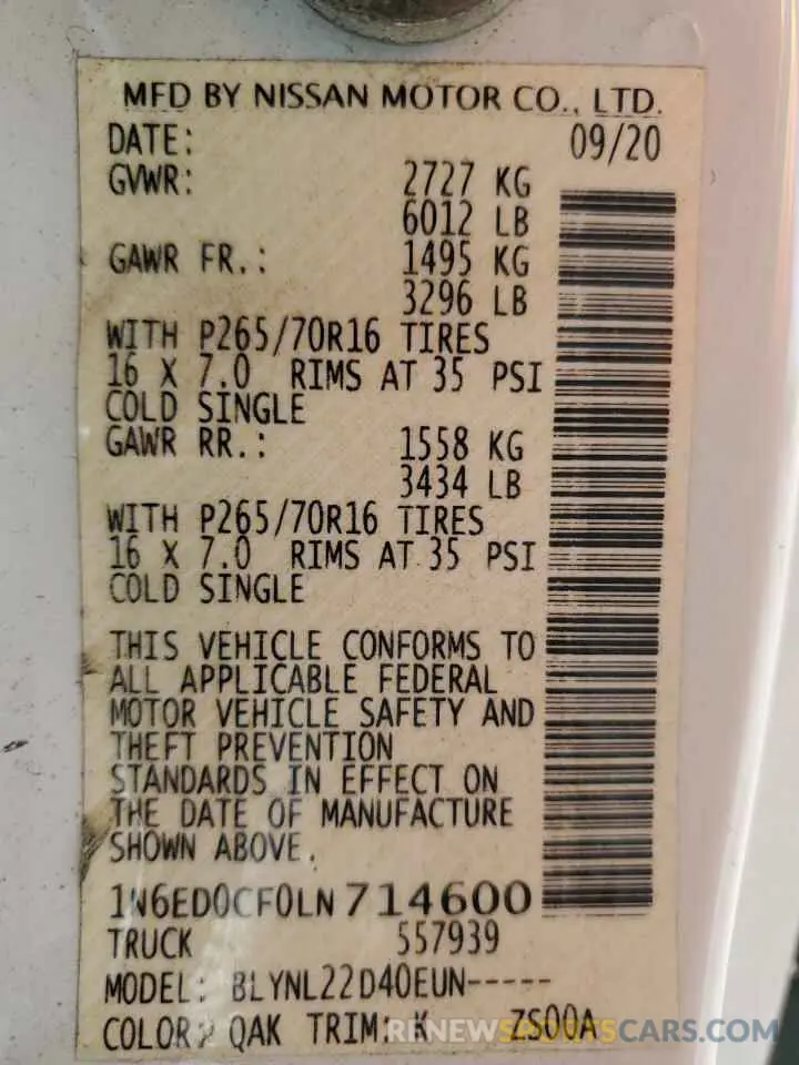 12 Photograph of a damaged car 1N6ED0CF0LN714600 NISSAN FRONTIER 2020