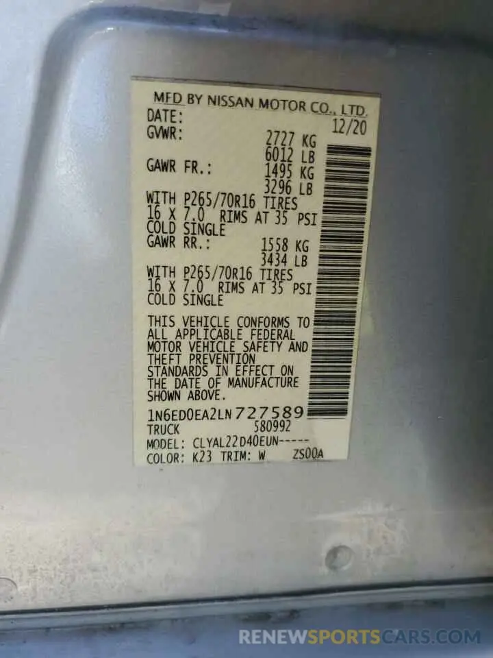 13 Photograph of a damaged car 1N6ED0EA2LN727589 NISSAN FRONTIER 2020