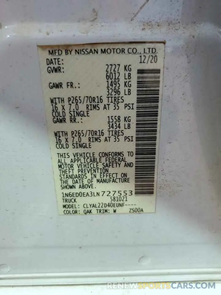 12 Photograph of a damaged car 1N6ED0EA3LN727553 NISSAN FRONTIER 2020