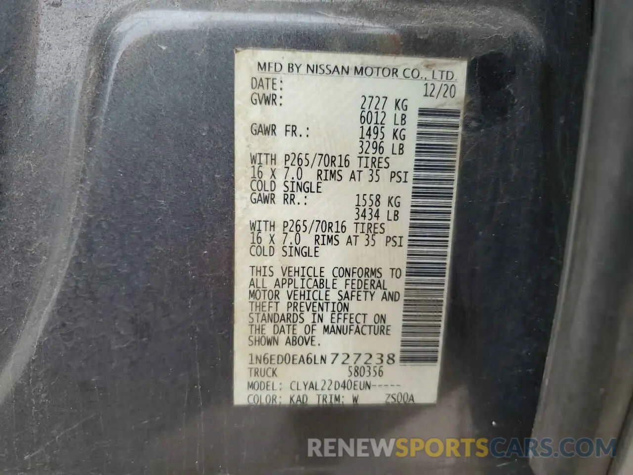 12 Photograph of a damaged car 1N6ED0EA6LN727238 NISSAN FRONTIER 2020