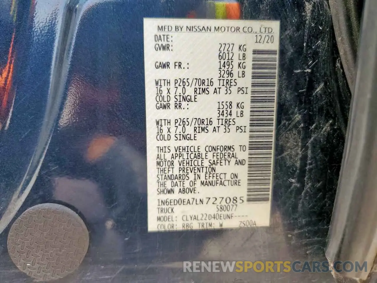 12 Photograph of a damaged car 1N6ED0EA7LN727085 NISSAN FRONTIER 2020