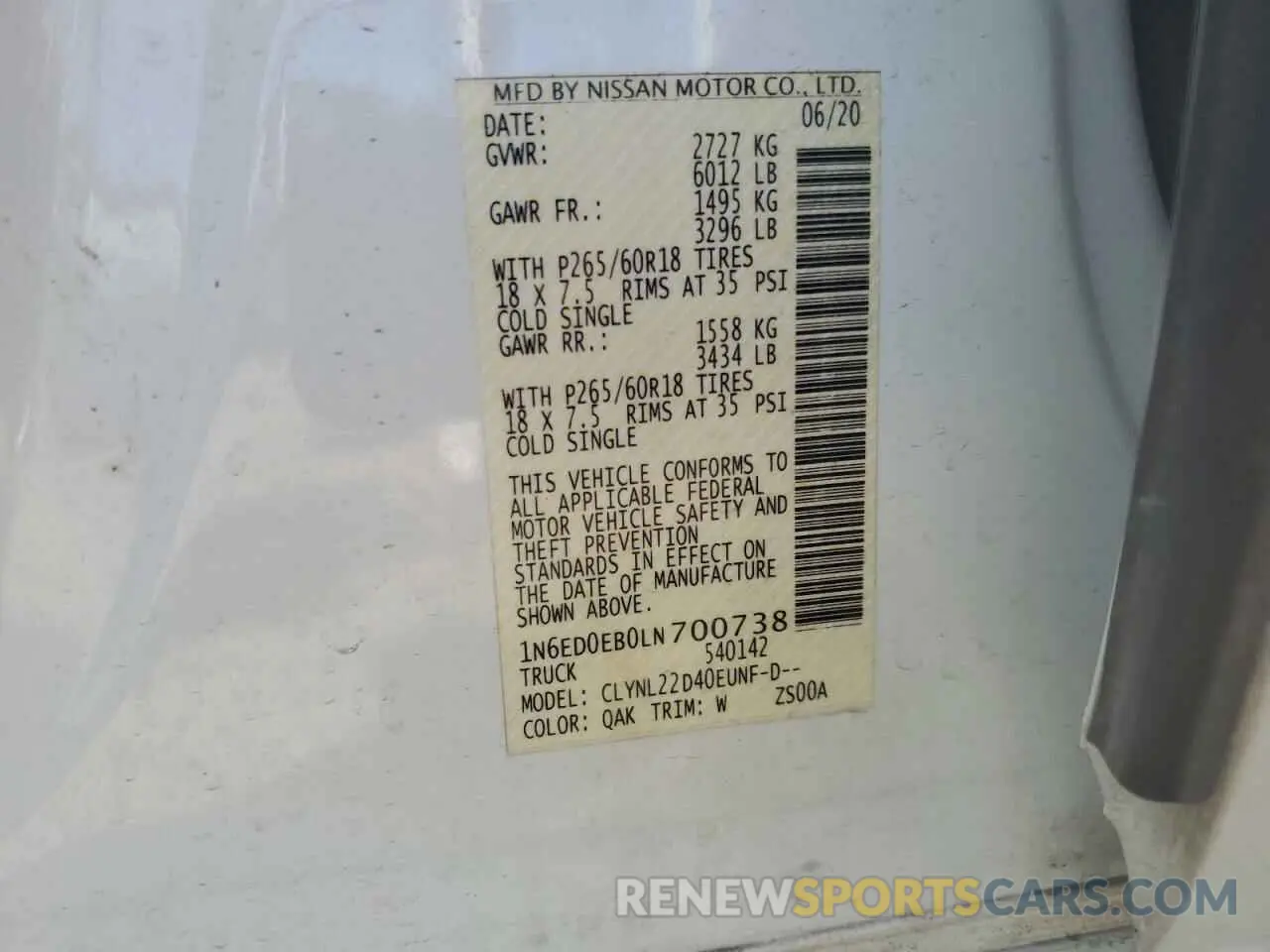 12 Photograph of a damaged car 1N6ED0EB0LN700738 NISSAN FRONTIER 2020