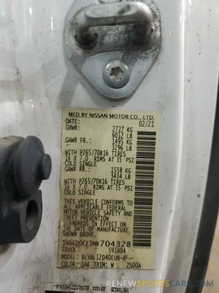12 Photograph of a damaged car 1N6ED0CE3MN704328 NISSAN FRONTIER 2021