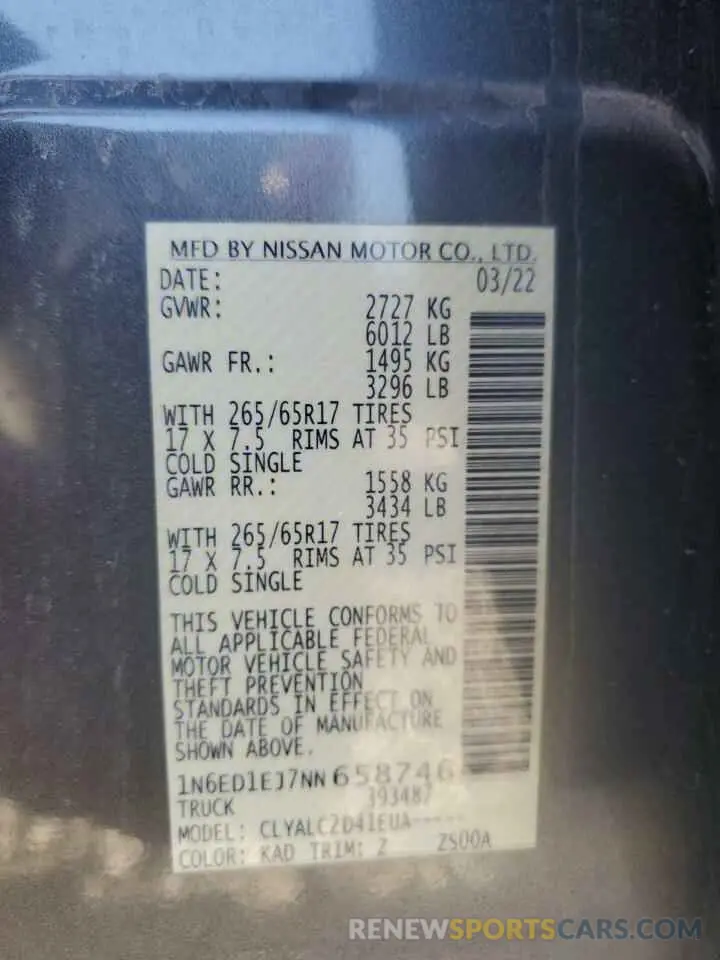 12 Photograph of a damaged car 1N6ED1EJ7NN658746 NISSAN FRONTIER 2022