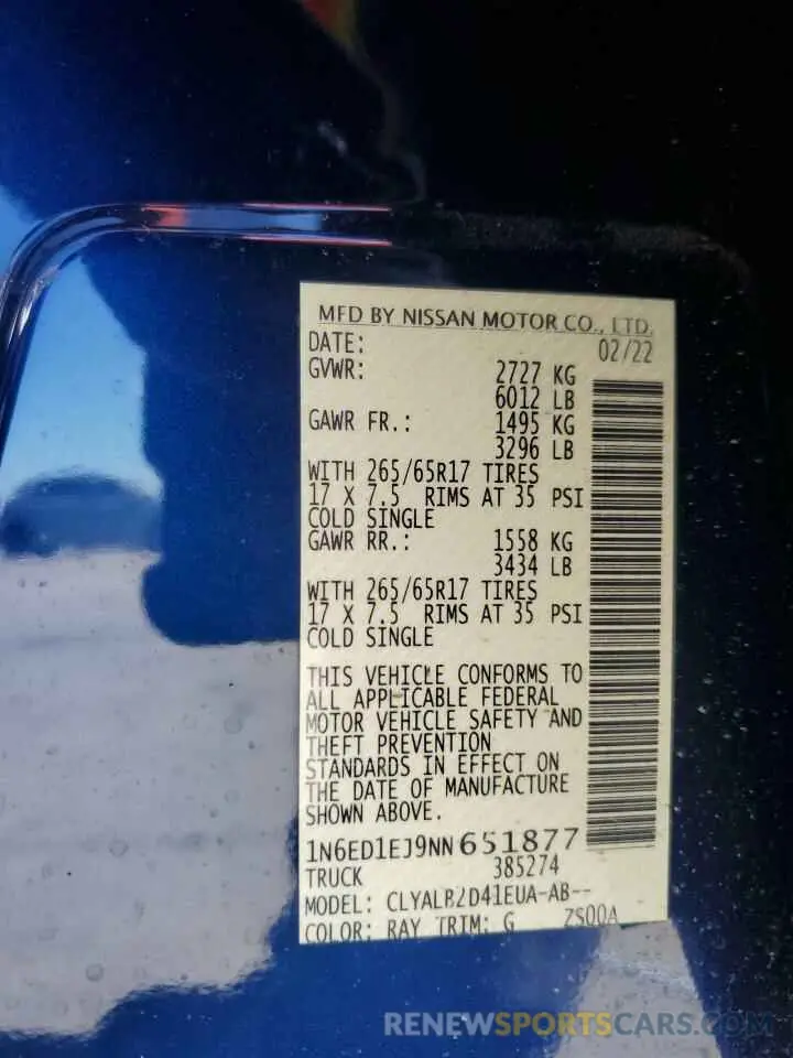 12 Photograph of a damaged car 1N6ED1EJ9NN651877 NISSAN FRONTIER 2022