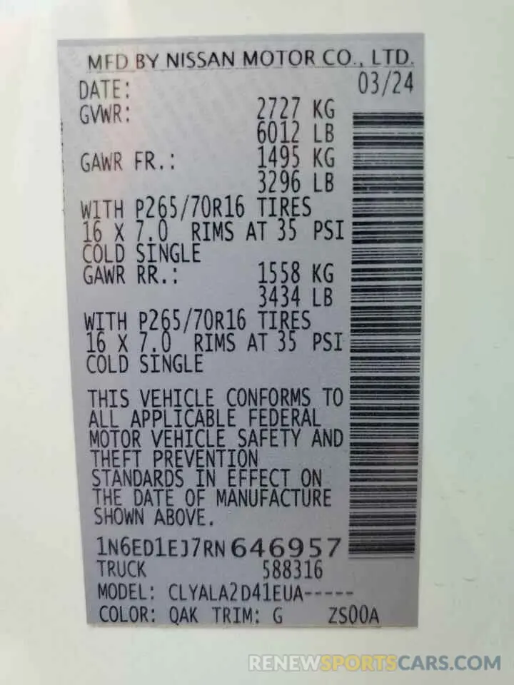 12 Photograph of a damaged car 1N6ED1EJ7RN646957 NISSAN FRONTIER 2024