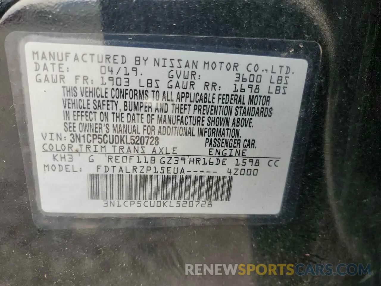 15 Photograph of a damaged car 3N1CP5CU0KL520728 NISSAN KICKS 2019