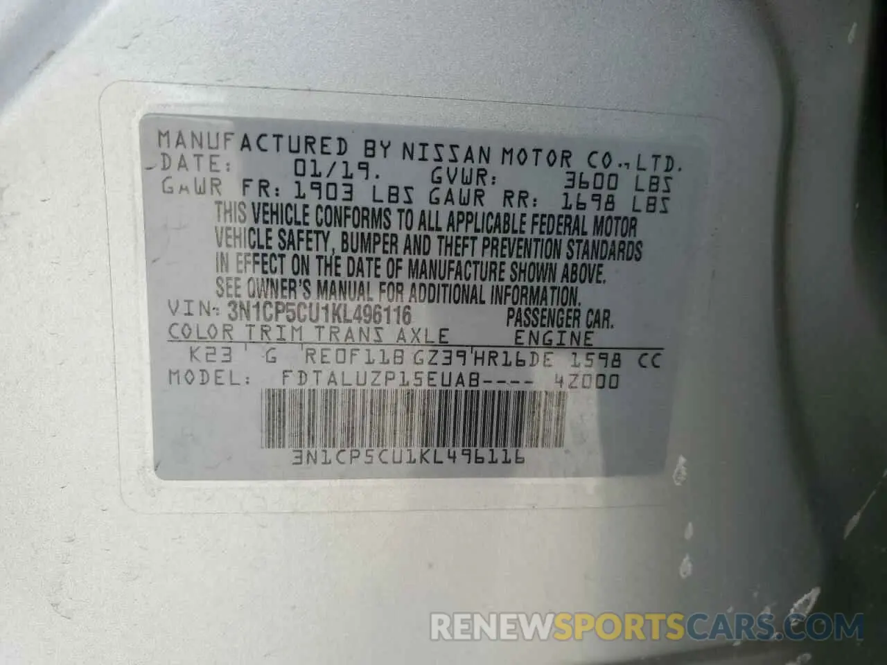 14 Photograph of a damaged car 3N1CP5CU1KL496116 NISSAN KICKS 2019