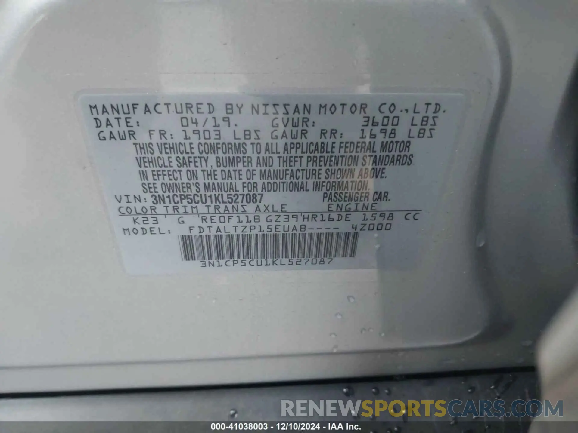 9 Photograph of a damaged car 3N1CP5CU1KL527087 NISSAN KICKS 2019