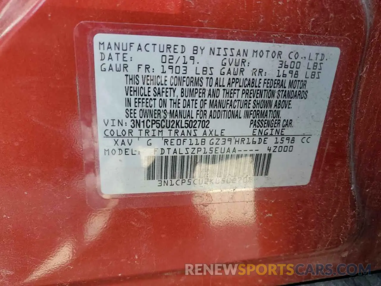 12 Photograph of a damaged car 3N1CP5CU2KL502702 NISSAN KICKS 2019
