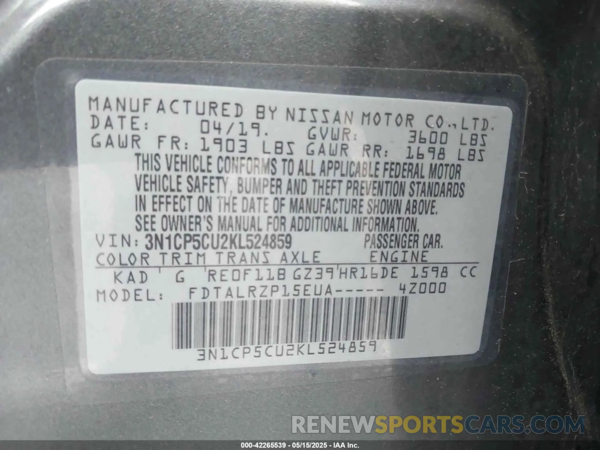 9 Photograph of a damaged car 3N1CP5CU2KL524859 NISSAN KICKS 2019
