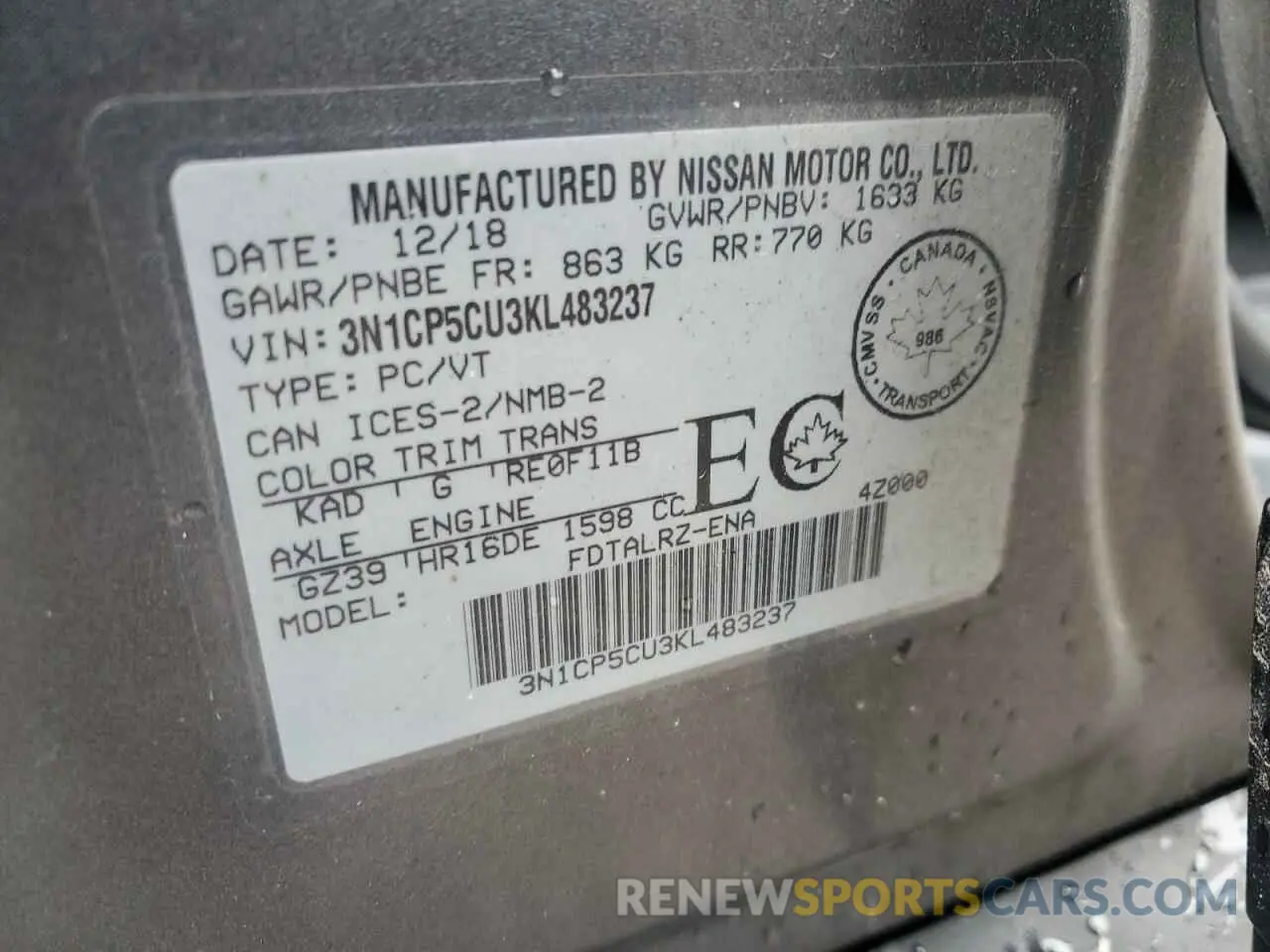 12 Photograph of a damaged car 3N1CP5CU3KL483237 NISSAN KICKS 2019