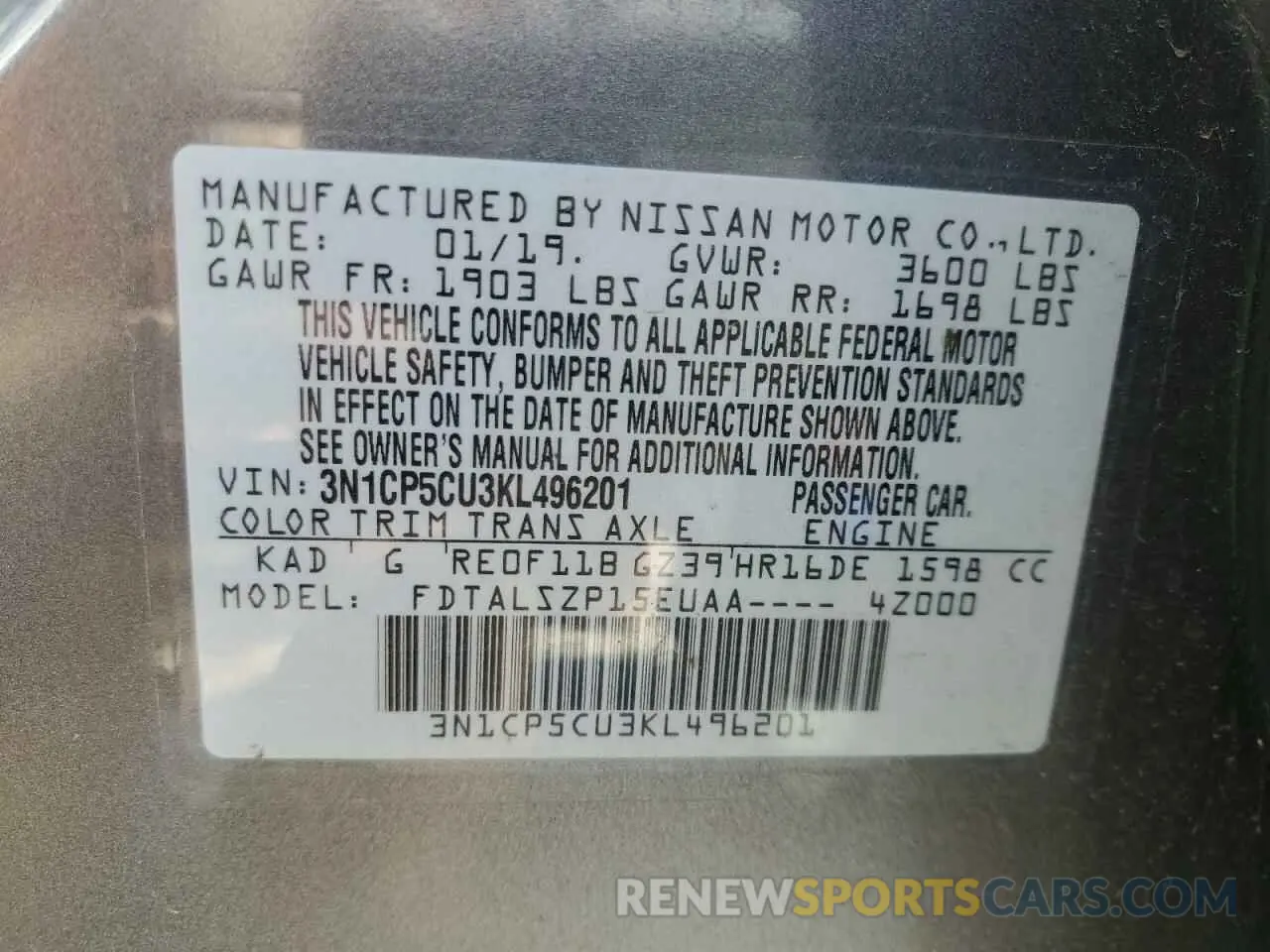 15 Photograph of a damaged car 3N1CP5CU3KL496201 NISSAN KICKS 2019