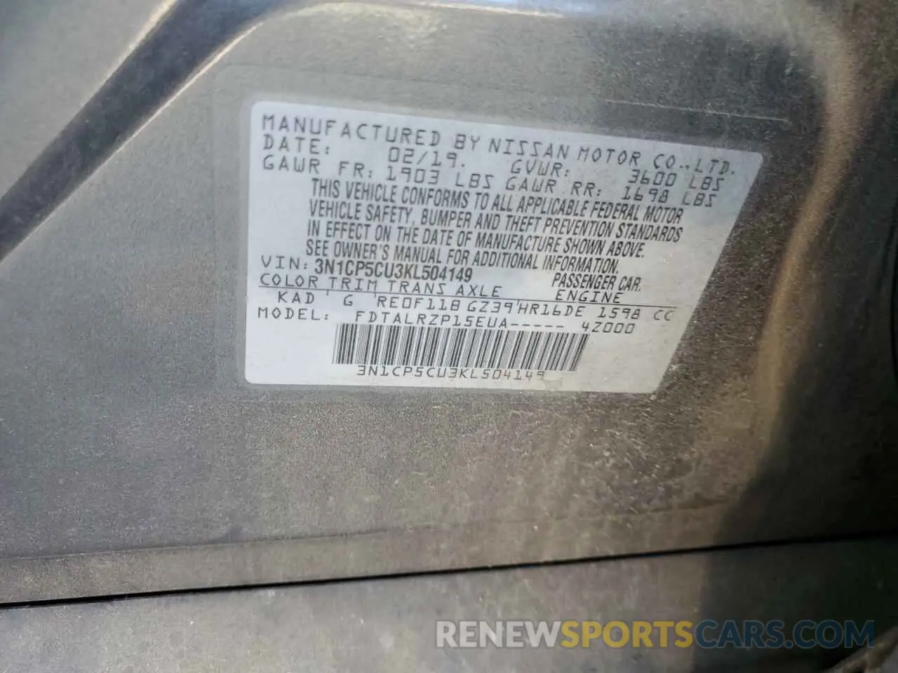 12 Photograph of a damaged car 3N1CP5CU3KL504149 NISSAN KICKS 2019