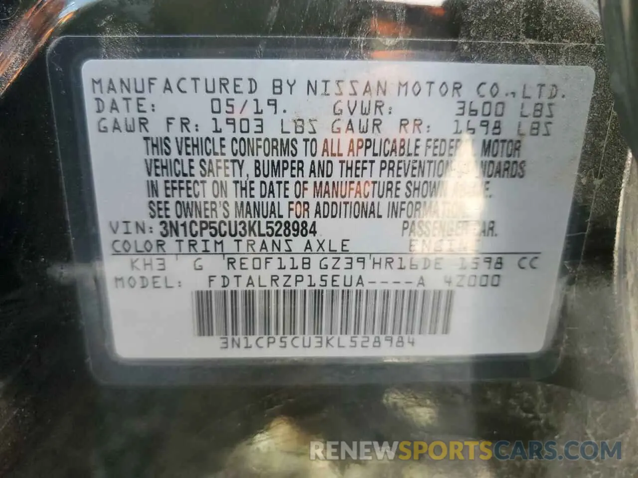 14 Photograph of a damaged car 3N1CP5CU3KL528984 NISSAN KICKS 2019