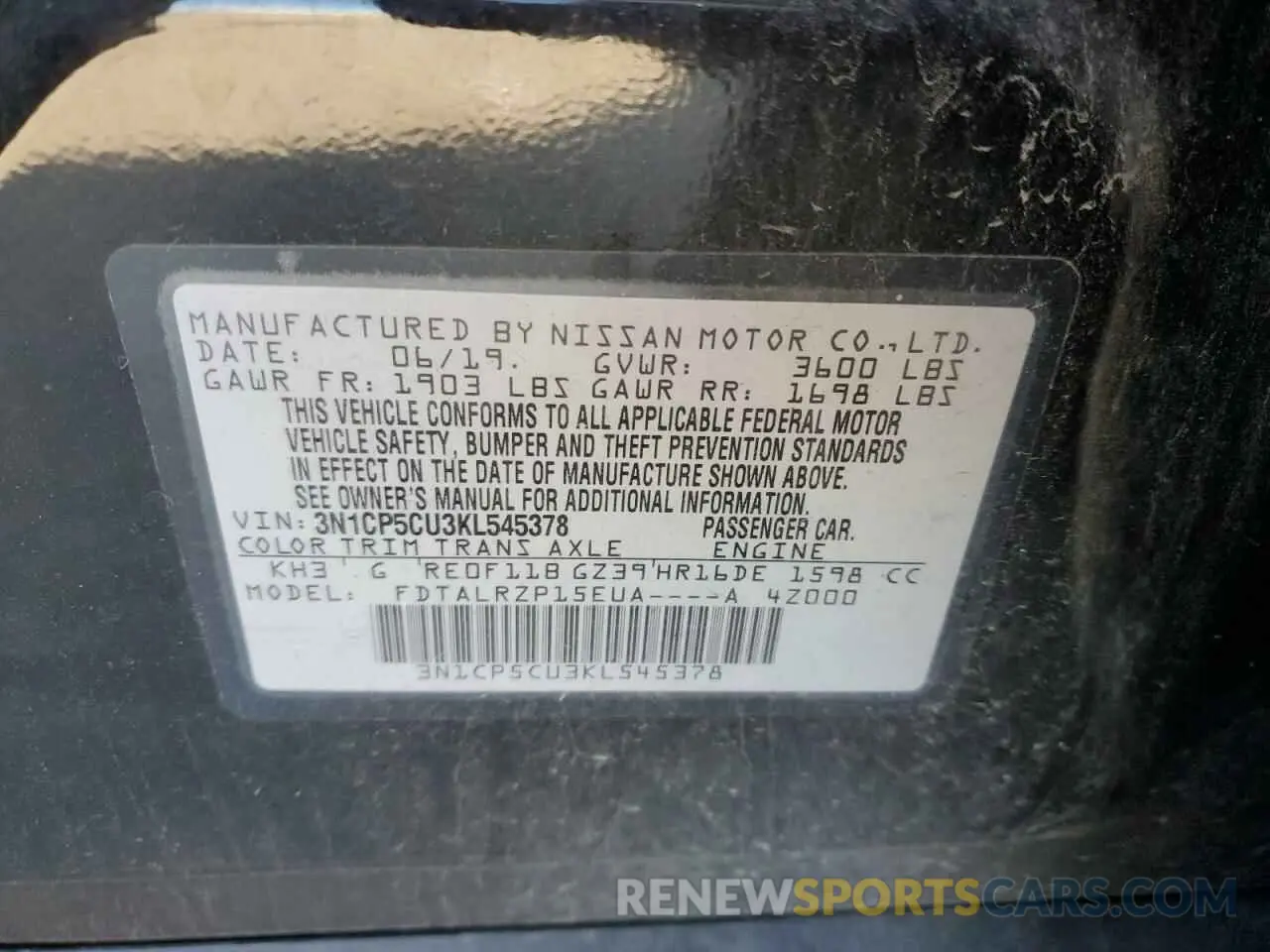 13 Photograph of a damaged car 3N1CP5CU3KL545378 NISSAN KICKS 2019
