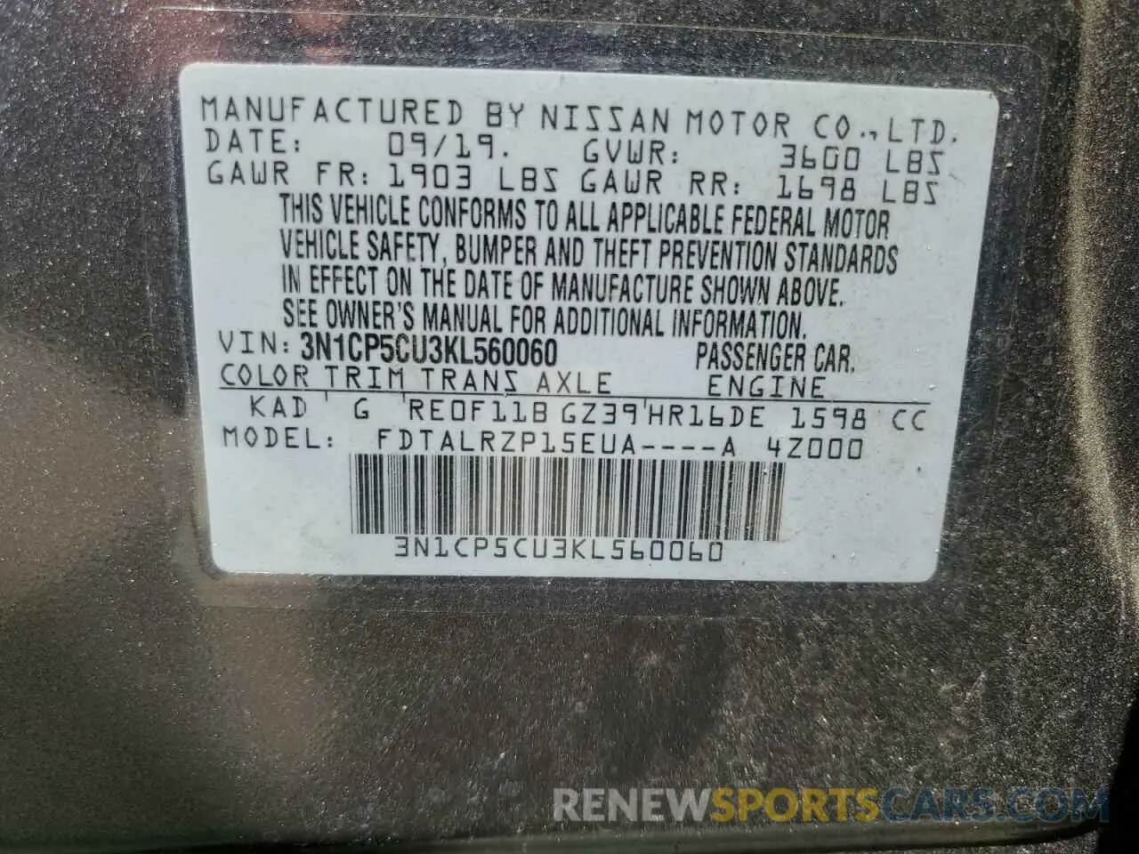 13 Photograph of a damaged car 3N1CP5CU3KL560060 NISSAN KICKS 2019