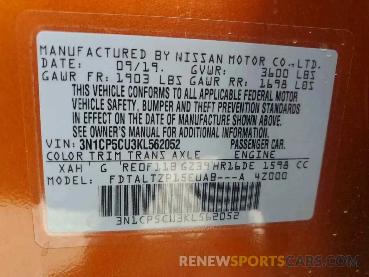 15 Photograph of a damaged car 3N1CP5CU3KL562052 NISSAN KICKS 2019