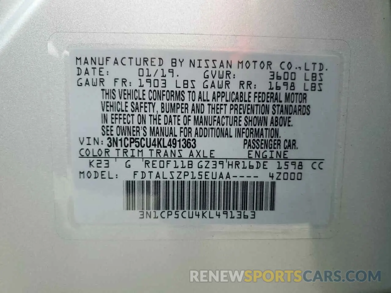 15 Photograph of a damaged car 3N1CP5CU4KL491363 NISSAN KICKS 2019