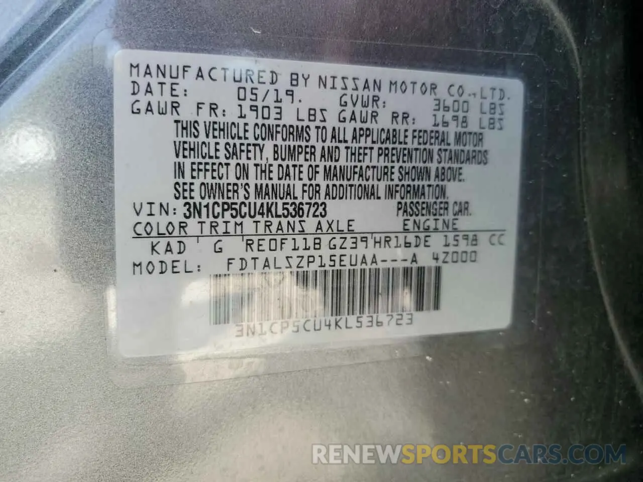 15 Photograph of a damaged car 3N1CP5CU4KL536723 NISSAN KICKS 2019