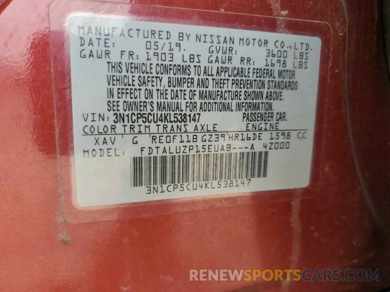 12 Photograph of a damaged car 3N1CP5CU4KL538147 NISSAN KICKS 2019