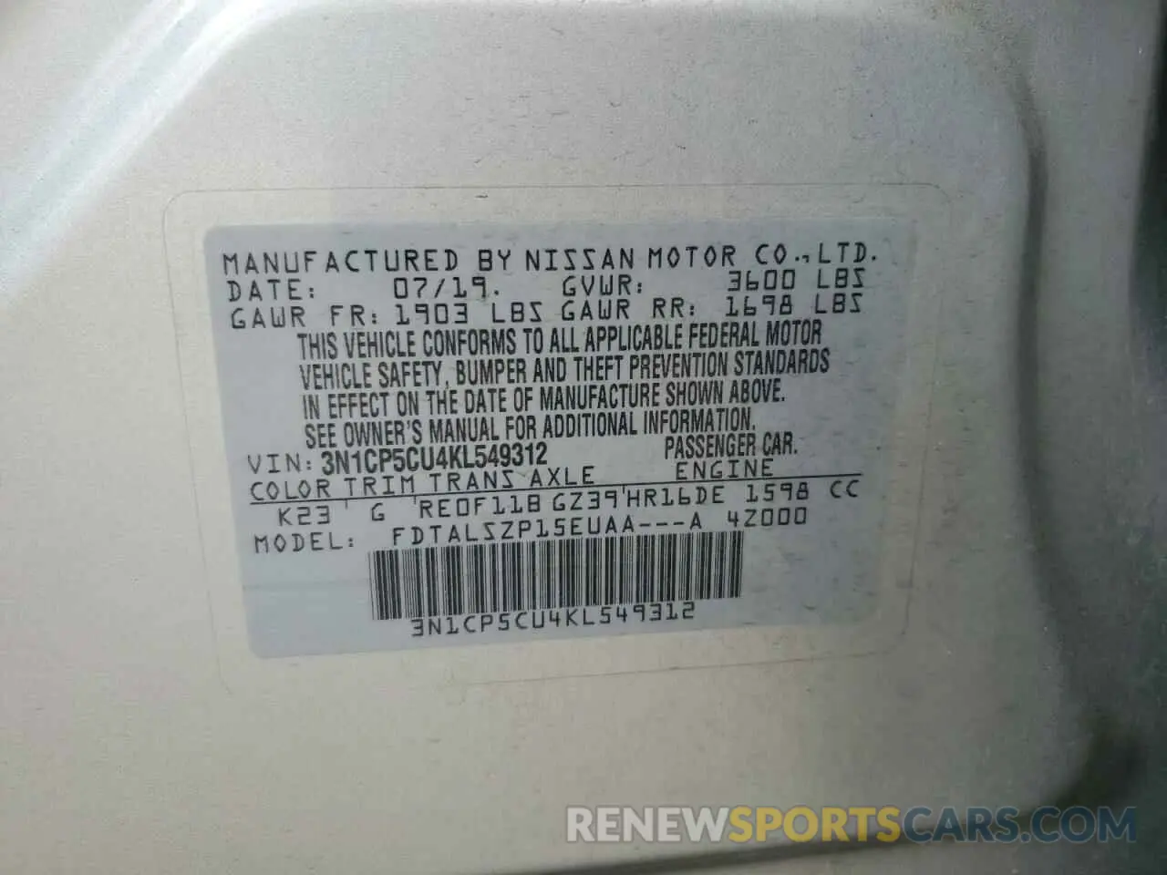 14 Photograph of a damaged car 3N1CP5CU4KL549312 NISSAN KICKS 2019