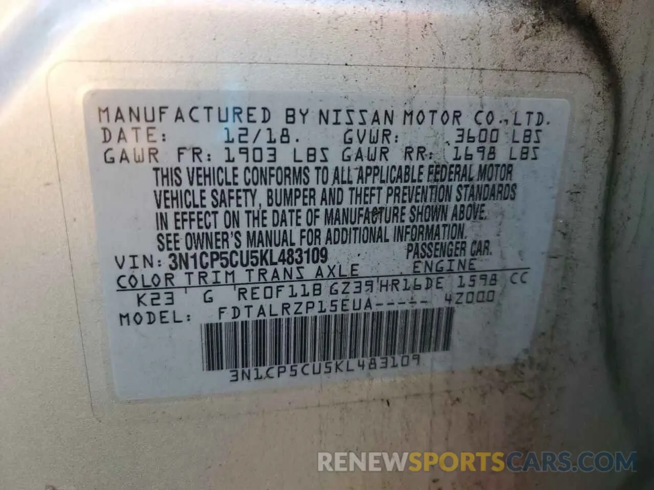 14 Photograph of a damaged car 3N1CP5CU5KL483109 NISSAN KICKS 2019