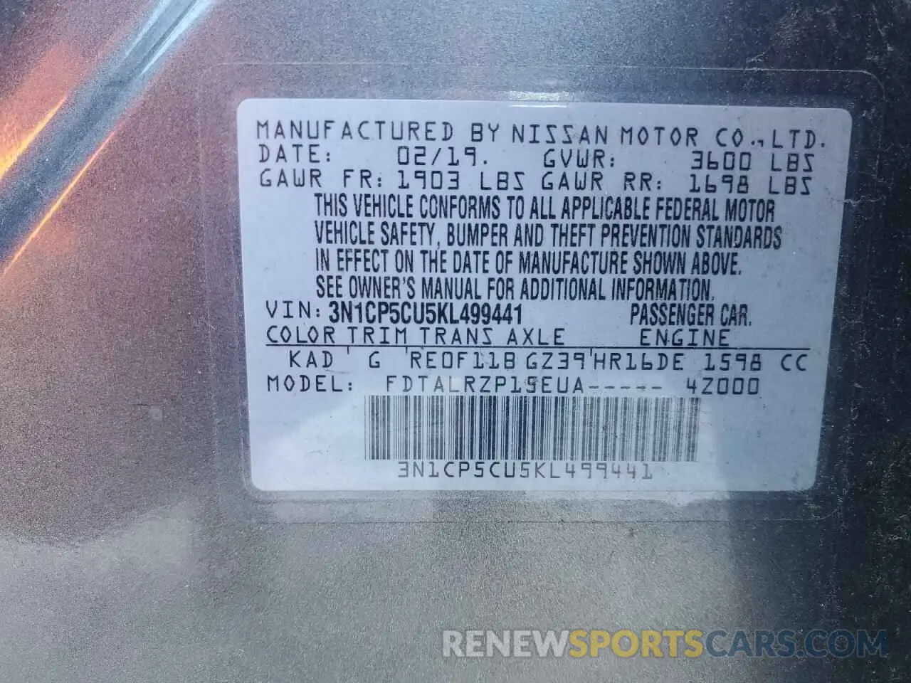 16 Photograph of a damaged car 3N1CP5CU5KL499441 NISSAN KICKS 2019