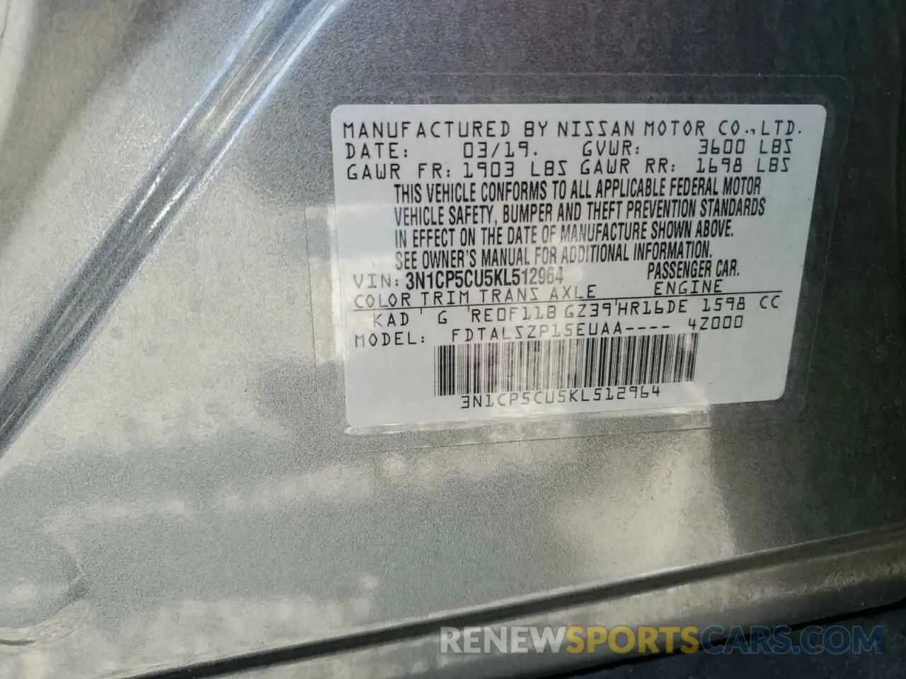 13 Photograph of a damaged car 3N1CP5CU5KL512964 NISSAN KICKS 2019