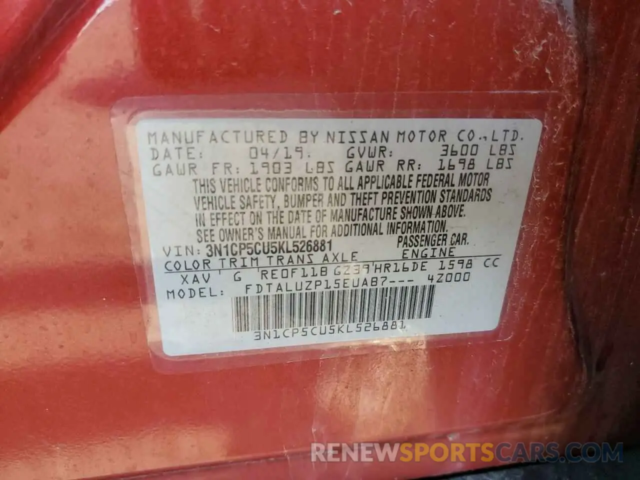 13 Photograph of a damaged car 3N1CP5CU5KL526881 NISSAN KICKS 2019