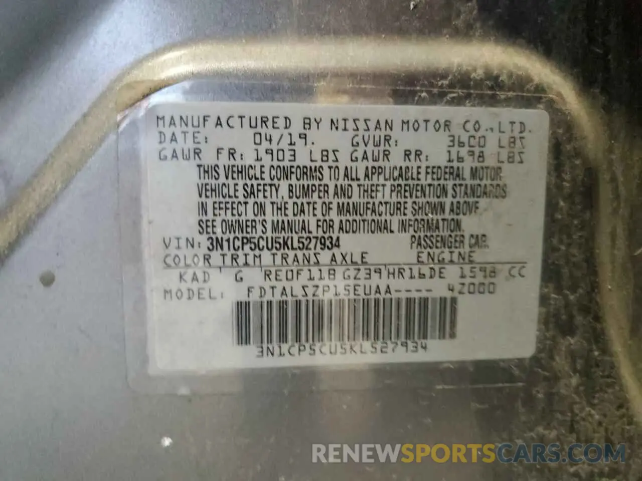 13 Photograph of a damaged car 3N1CP5CU5KL527934 NISSAN KICKS 2019
