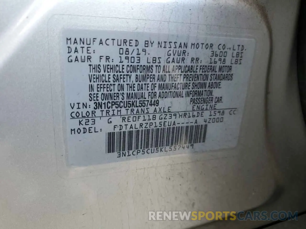 12 Photograph of a damaged car 3N1CP5CU5KL557449 NISSAN KICKS 2019