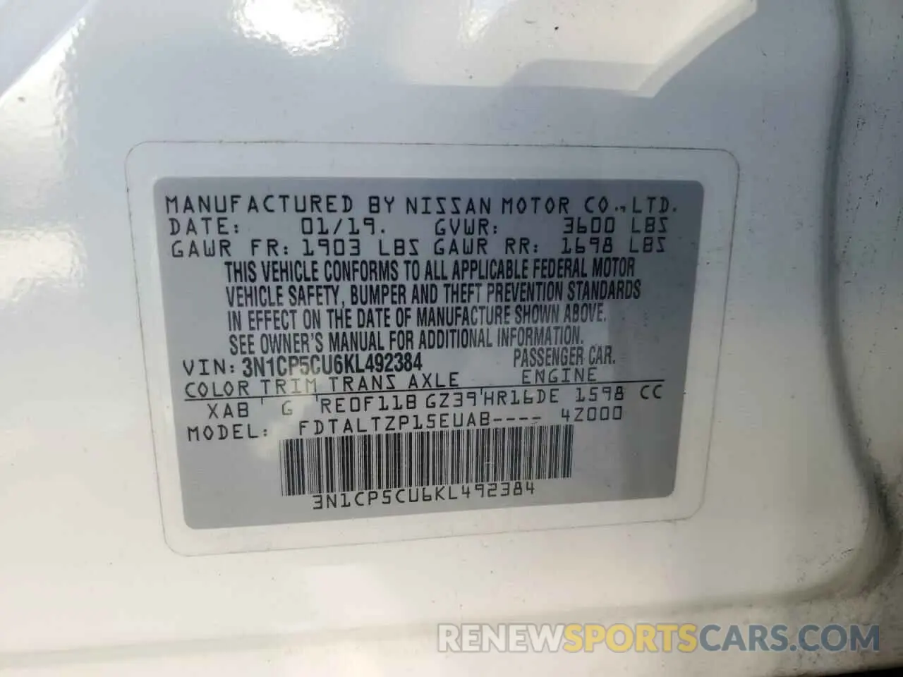 12 Photograph of a damaged car 3N1CP5CU6KL492384 NISSAN KICKS 2019