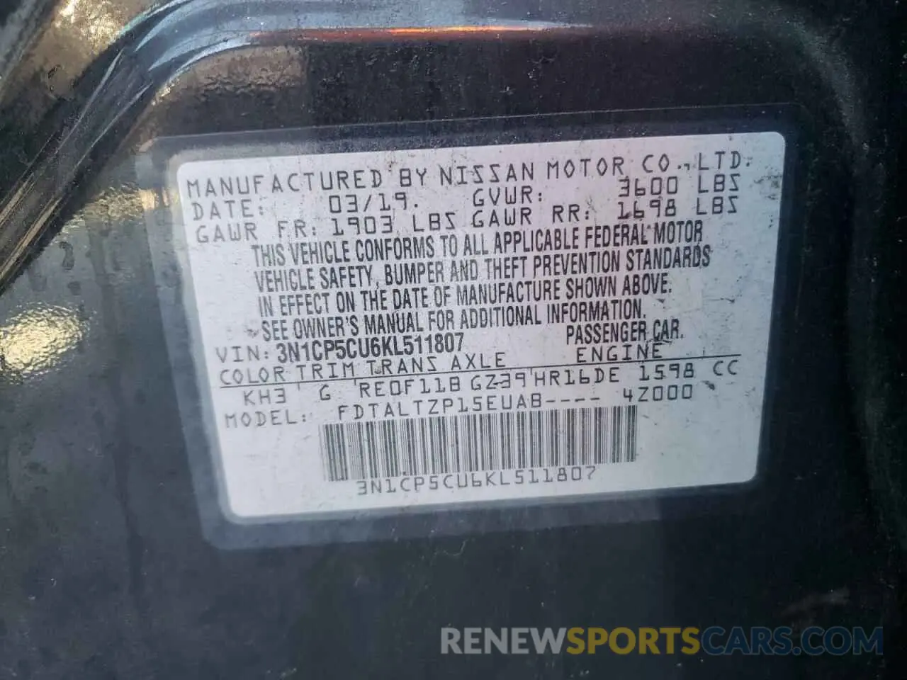13 Photograph of a damaged car 3N1CP5CU6KL511807 NISSAN KICKS 2019