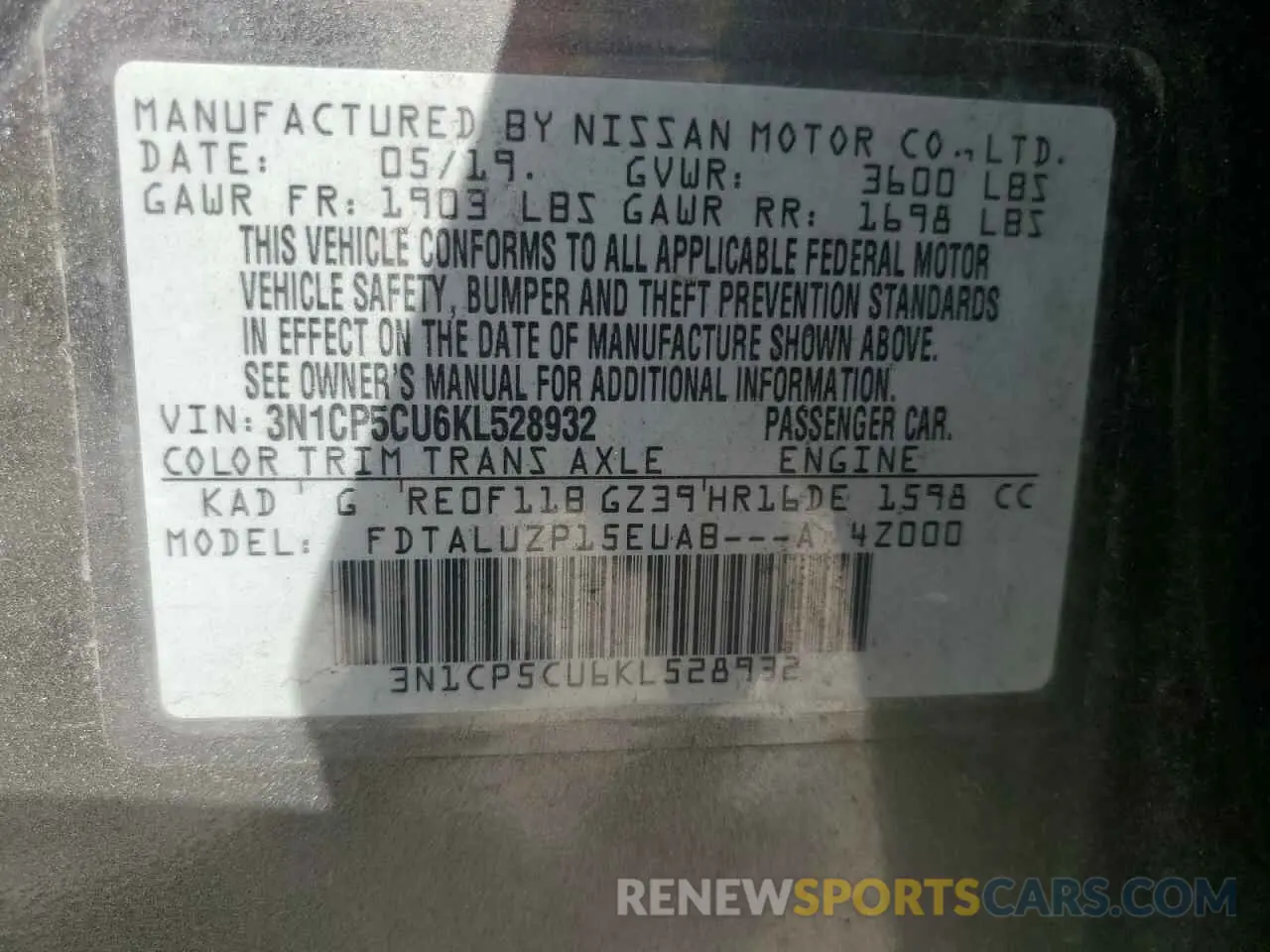 13 Photograph of a damaged car 3N1CP5CU6KL528932 NISSAN KICKS 2019