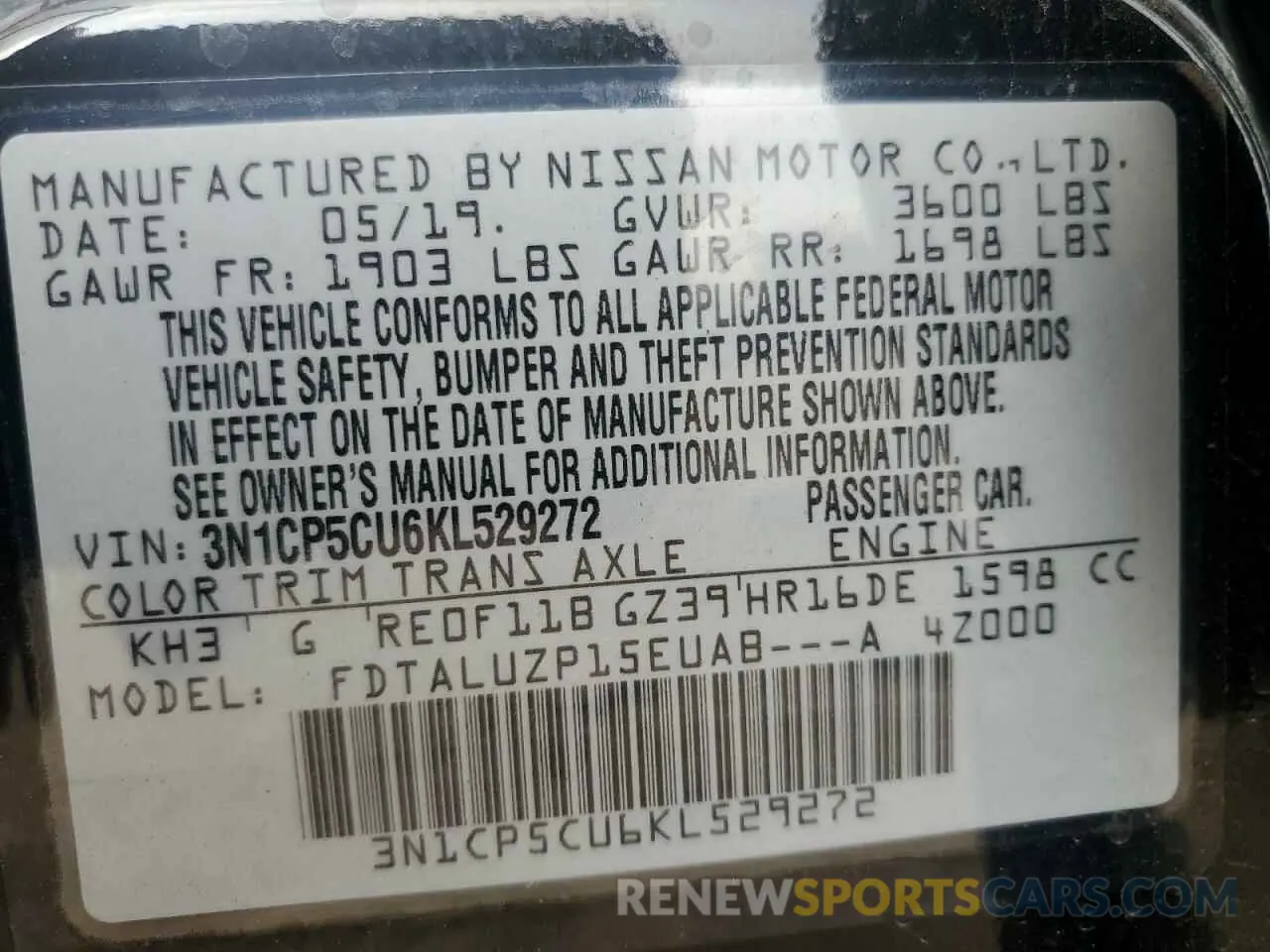 15 Photograph of a damaged car 3N1CP5CU6KL529272 NISSAN KICKS 2019