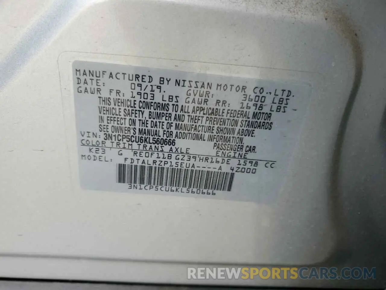 15 Photograph of a damaged car 3N1CP5CU6KL560666 NISSAN KICKS 2019