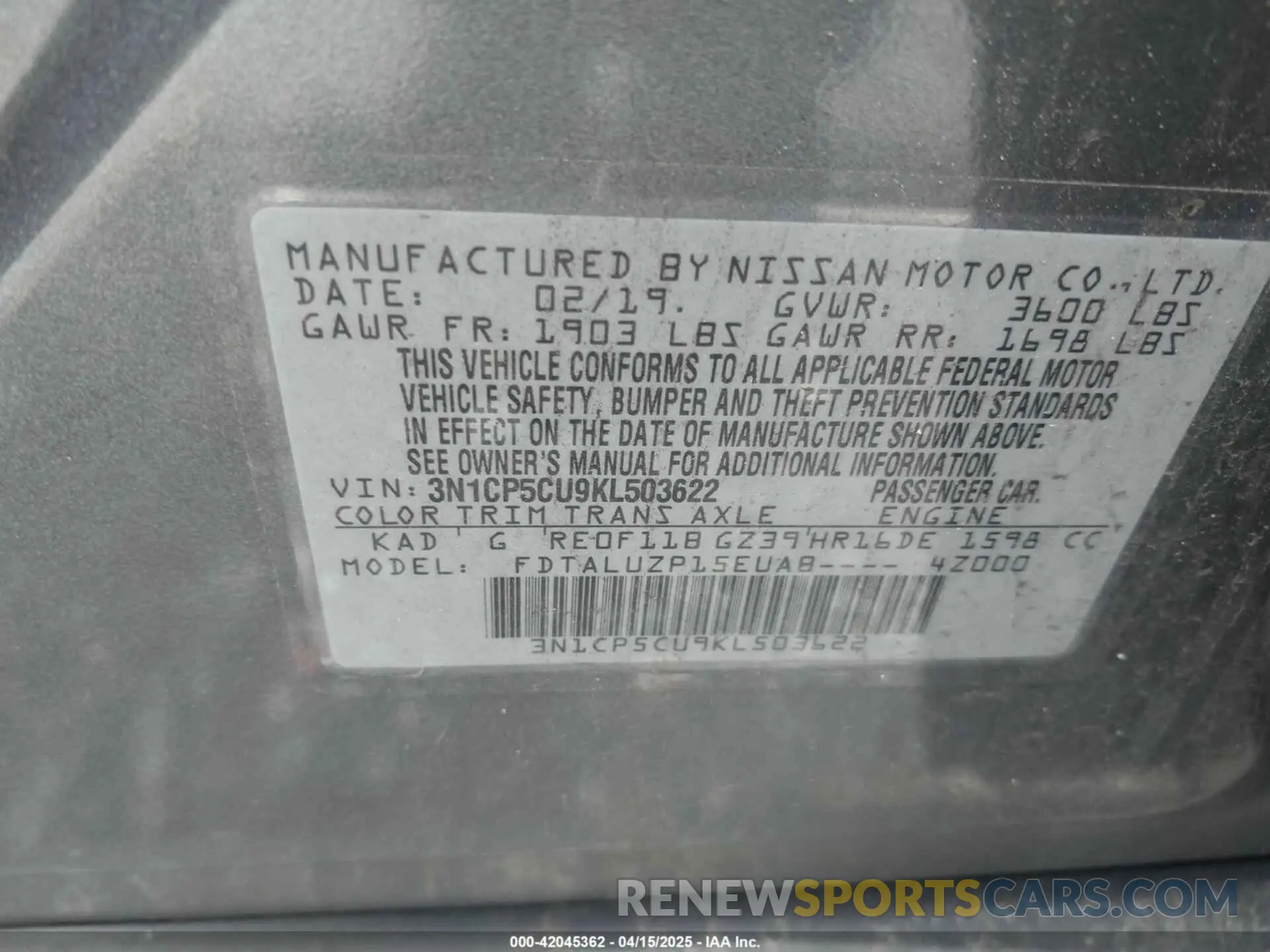 9 Photograph of a damaged car 3N1CP5CU9KL503622 NISSAN KICKS 2019