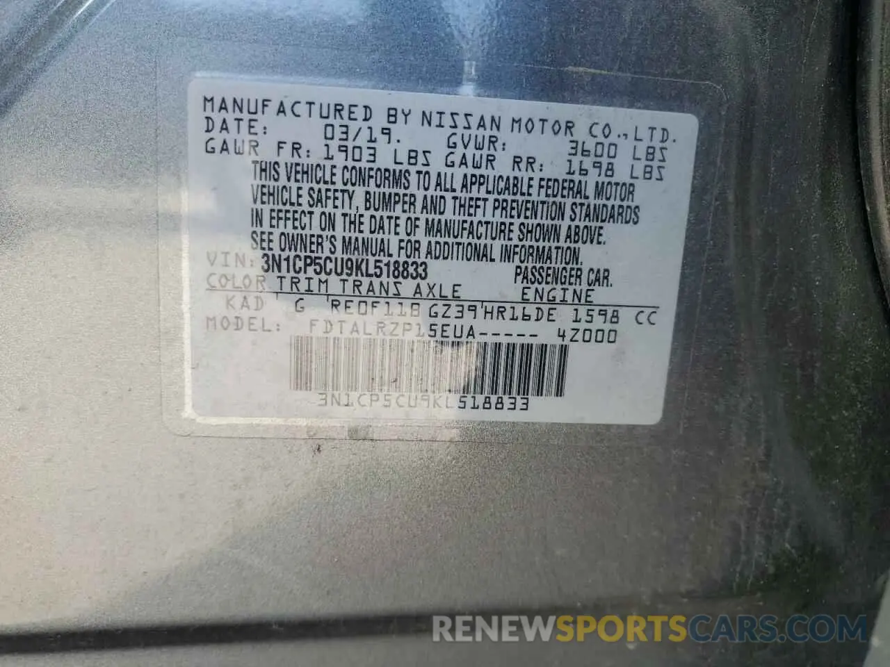 12 Photograph of a damaged car 3N1CP5CU9KL518833 NISSAN KICKS 2019