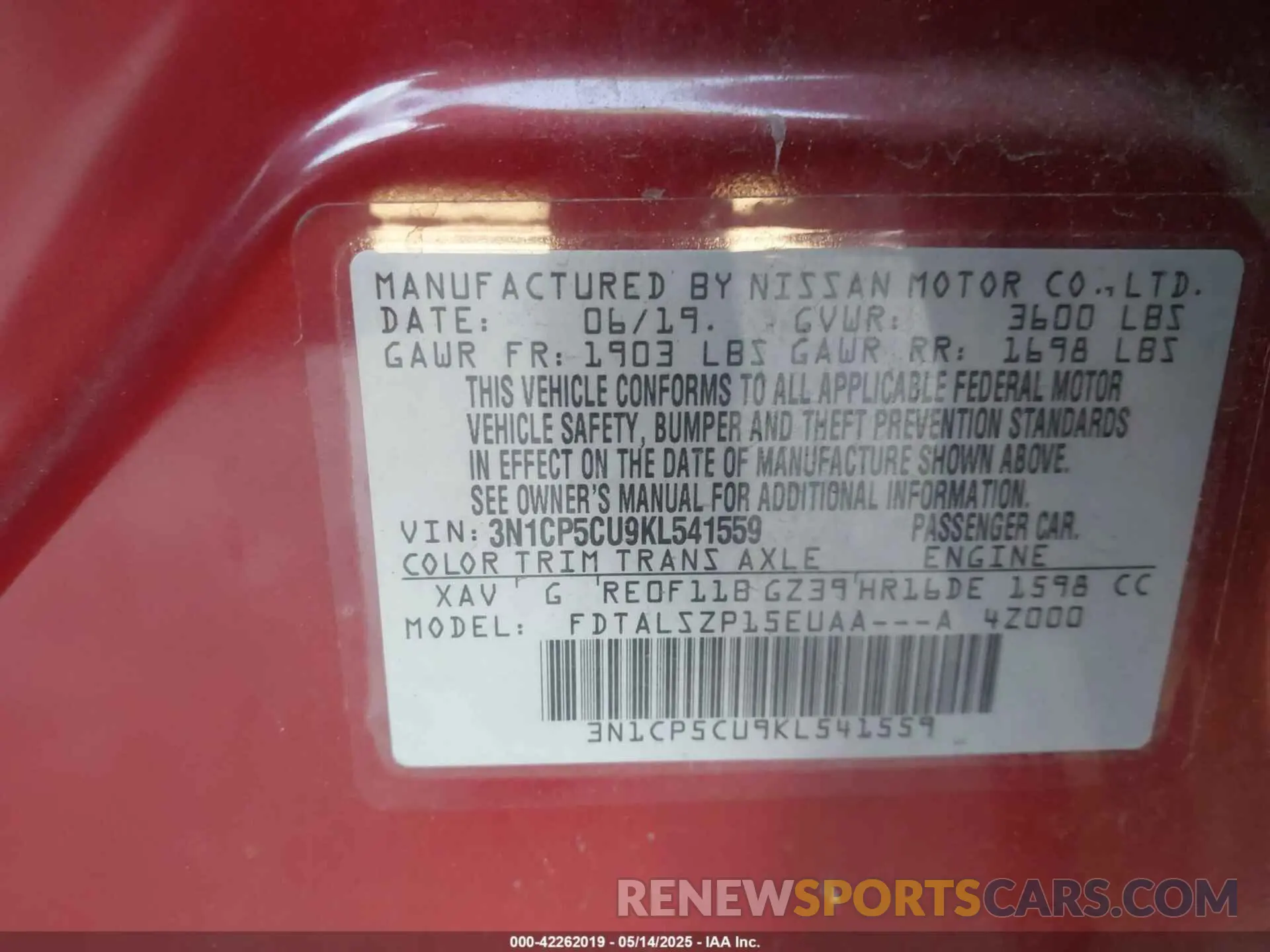 9 Photograph of a damaged car 3N1CP5CU9KL541559 NISSAN KICKS 2019