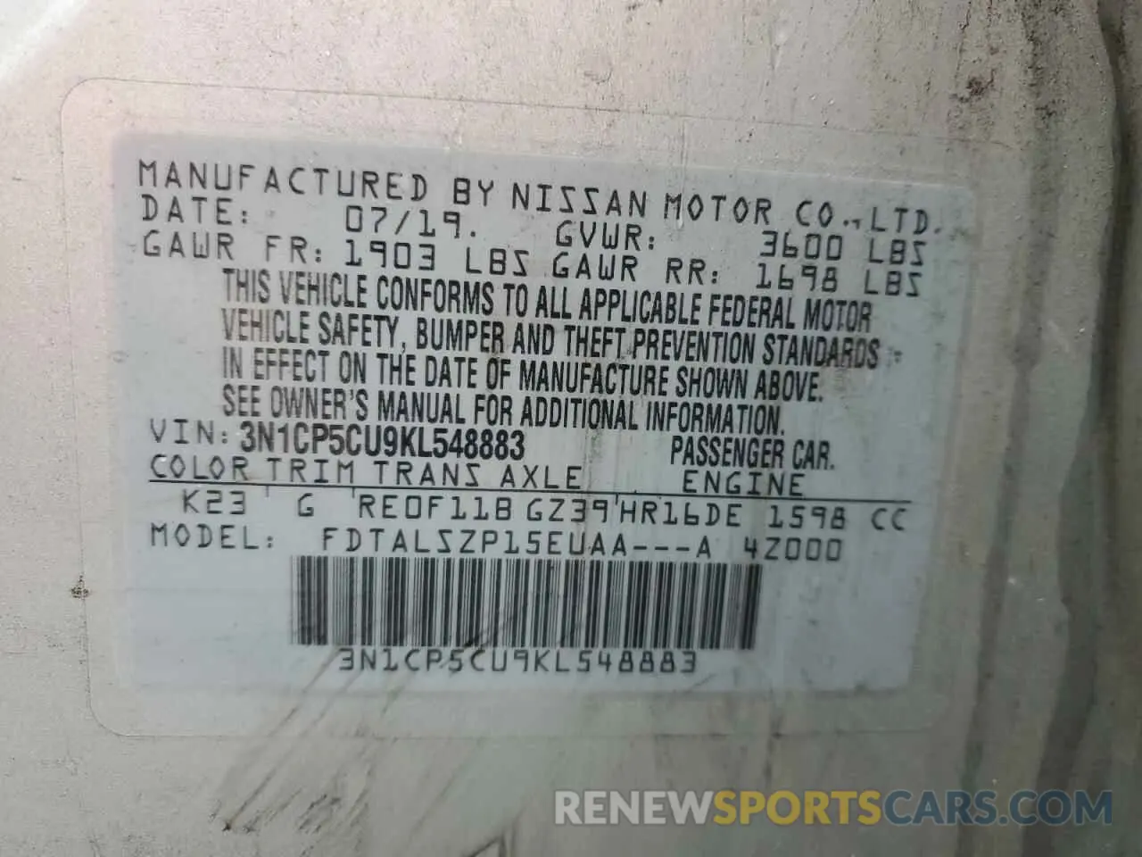 12 Photograph of a damaged car 3N1CP5CU9KL548883 NISSAN KICKS 2019