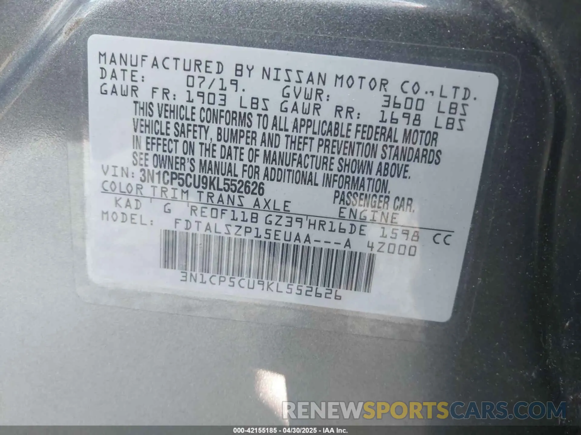 9 Photograph of a damaged car 3N1CP5CU9KL552626 NISSAN KICKS 2019