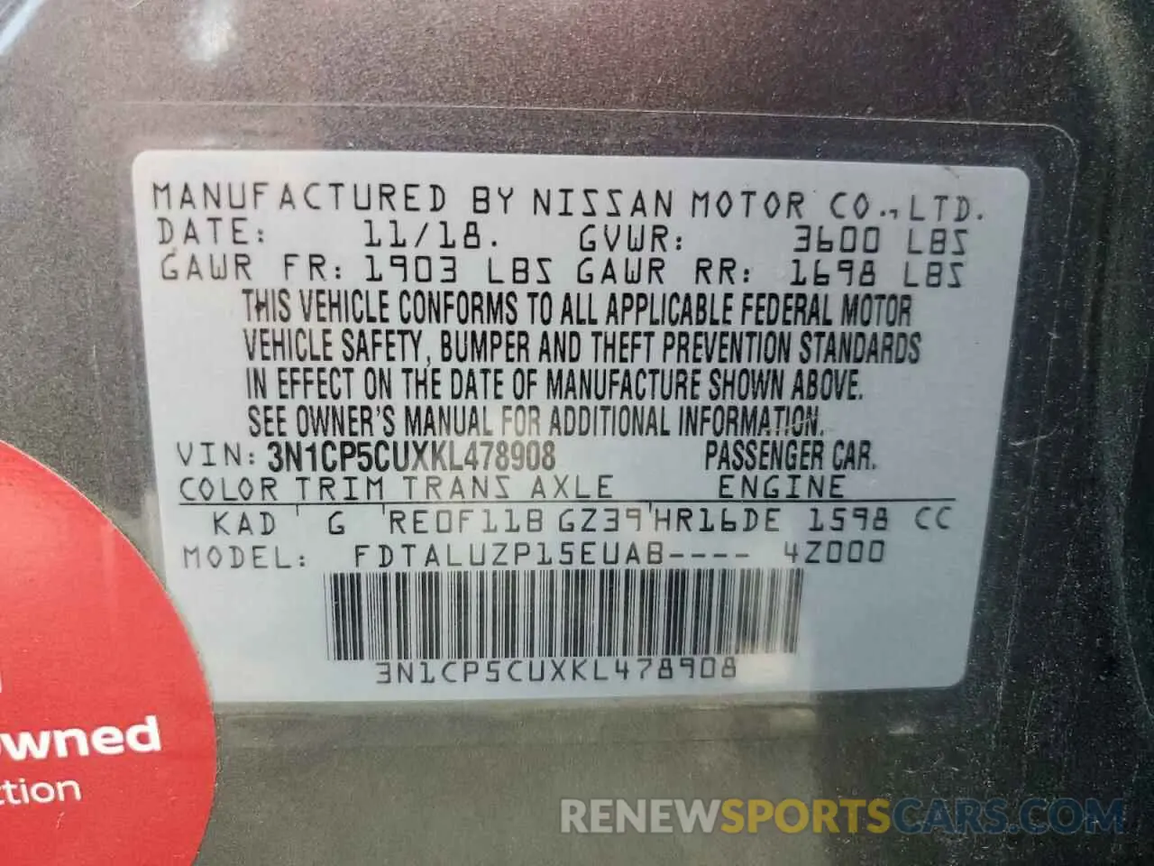 13 Photograph of a damaged car 3N1CP5CUXKL478908 NISSAN KICKS 2019