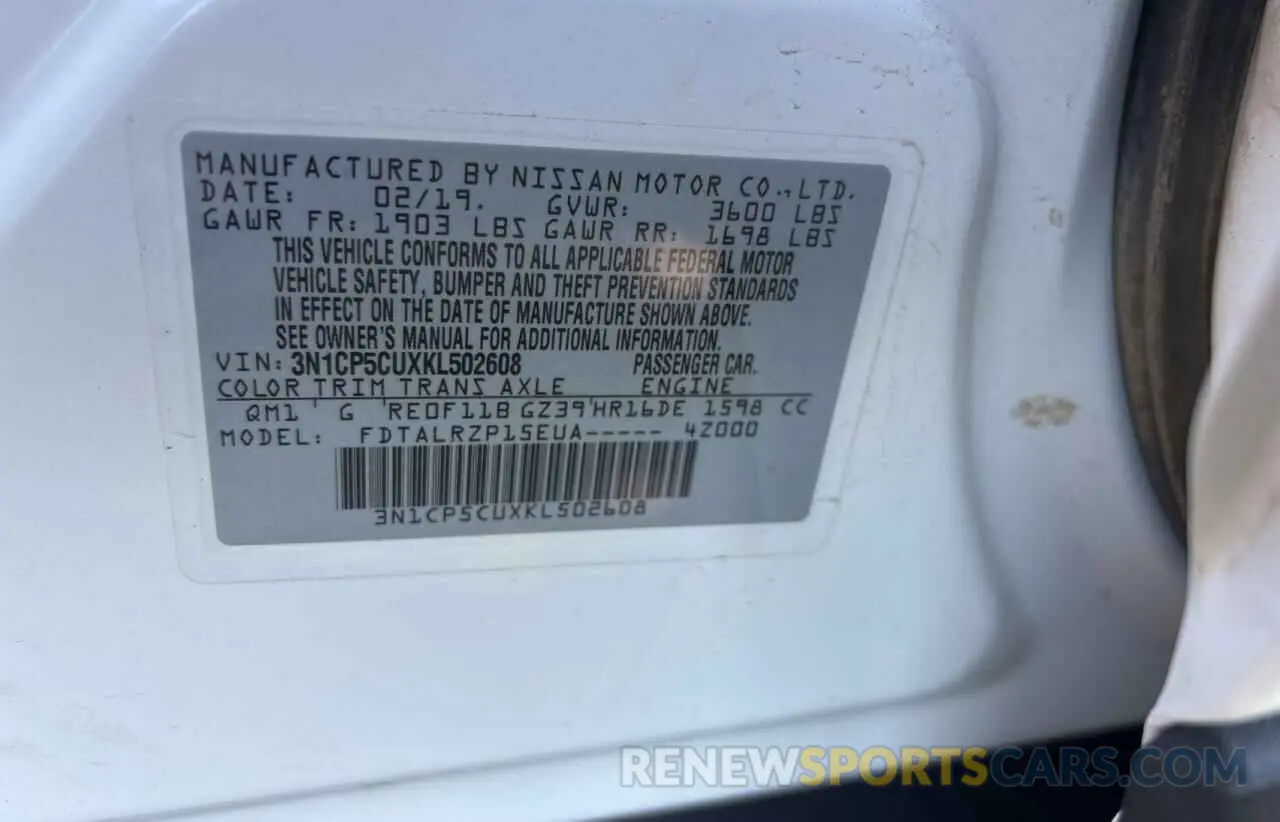 10 Photograph of a damaged car 3N1CP5CUXKL502608 NISSAN KICKS 2019