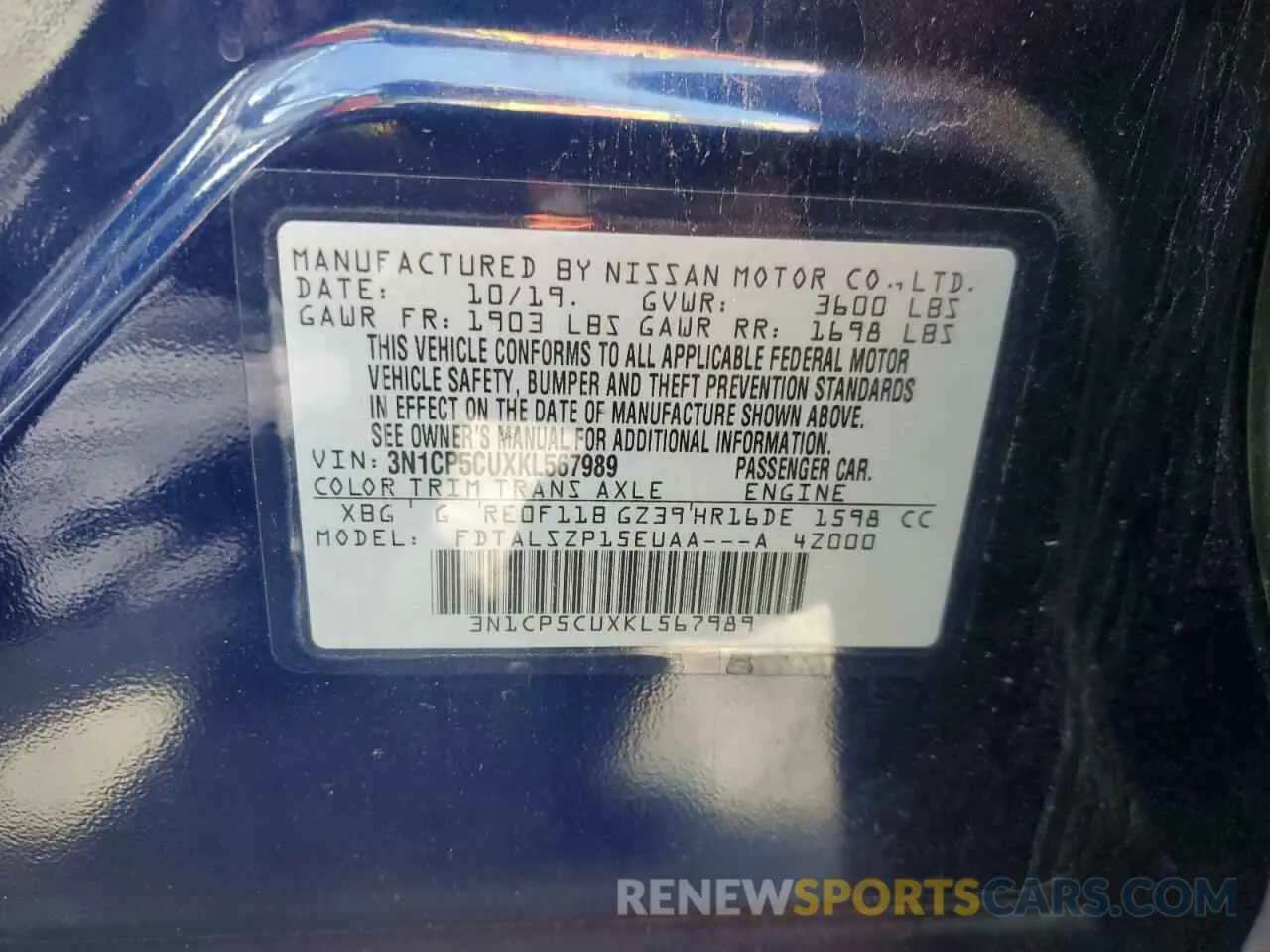 16 Photograph of a damaged car 3N1CP5CUXKL567989 NISSAN KICKS 2019